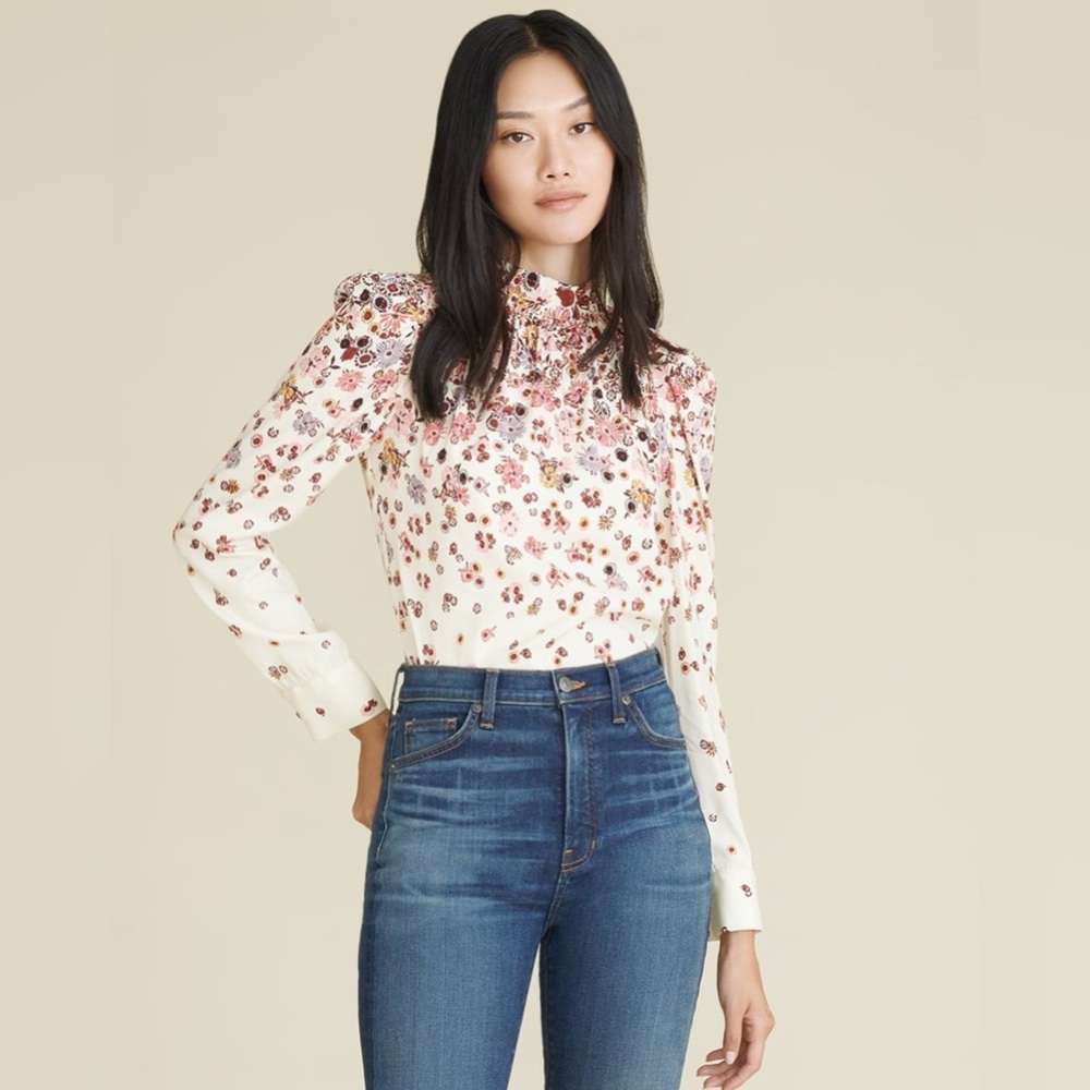 NWT $495 Veronica Beard Fey Mock-Neck Floral Silk Blouse